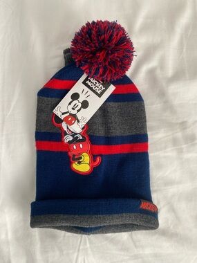 Disney Mickey Mouse Knit Beanie with Red & Navy Pom